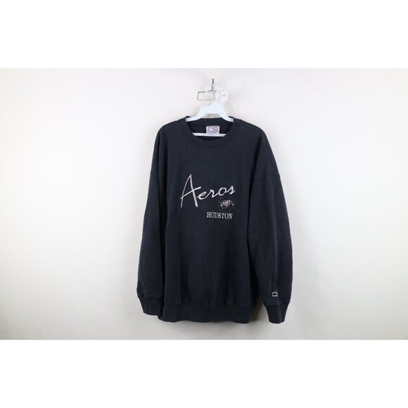 Vtg 90s Mens 2XL Faded Spell Out Houston Aeros Hockey Crewneck Sweatshirt USA